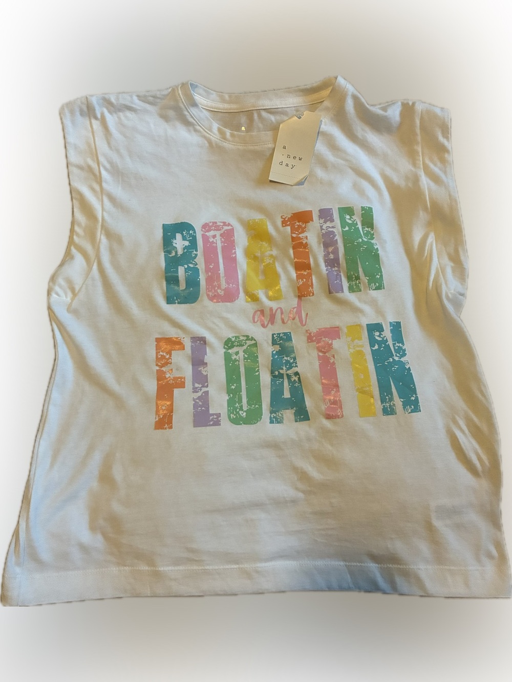 a new day White Tank Top with Pastel Multi-Color "BOATIN and FLOATIN" Graphic
